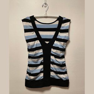 Deep V Striped Top (NWOT) – Black/Blue/White Size M